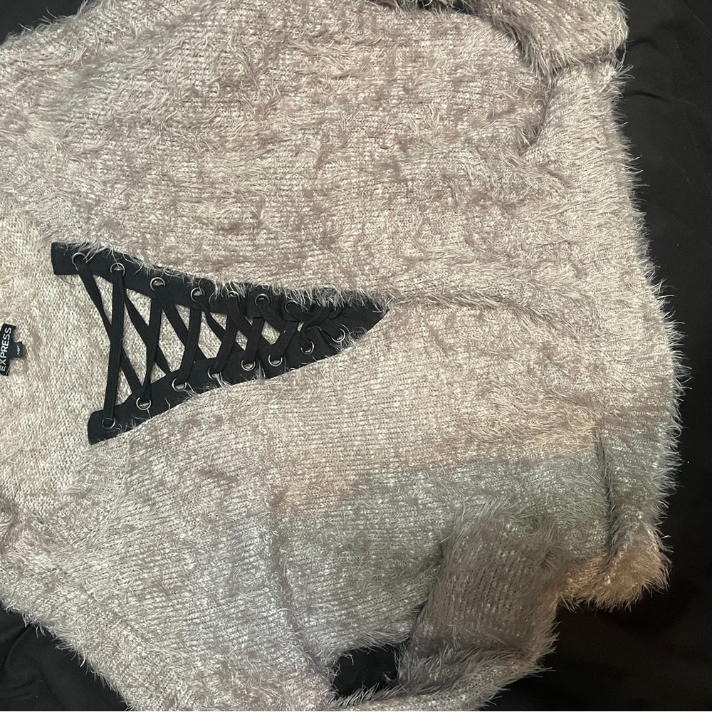 Express Beige V-Neck Sweater with Black Lace-Up